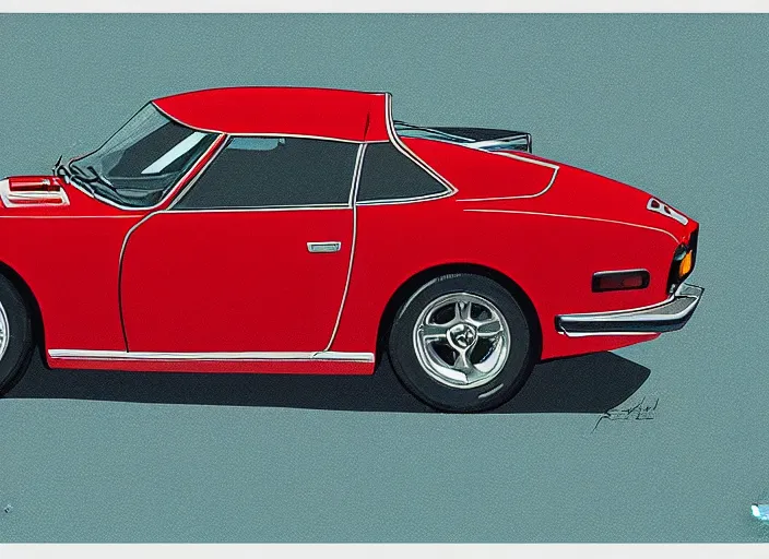 Image similar to highly detailed 1 9 6 9 red datsun fairlady roadster, retro minimalist art by jean giraud, moebius starwatcher comic, sharp, 8 k