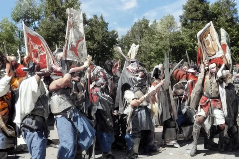 Image similar to cellphone photograph of lord of the rings uruk - hai and orcs protesting the working conditions at a mcdonalds parking lot in the daylight. dirty mcdonalds uniforms, aprons. picket signs and battleaxes in hand