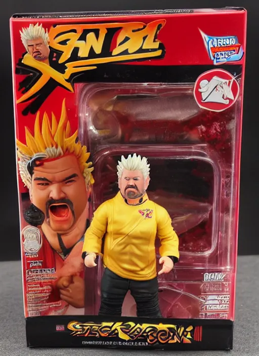 Image similar to black series action figure of guy fieri with barfing action, pristine box, toy still in package, ebay, extremely detailed
