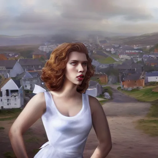 Prompt: fullbody portrait of scarlett johansson in white blue jordane striped dress, ww 1 village at background, red bow in hair, style ivan talavera and artgerm, radiant lighting, hyper realistic, photorealistic, octane render, trending on artstation, cgsociety, cinematic light, global illumination, high details of face