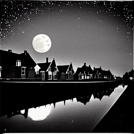 Image similar to Dutch houses along a river, silhouette!!!, Circular white full moon, black sky with stars, lit windows, stars in the sky, b&w!, Reflections on the river, a man is punting, flat!!, Front profile!!!!, (high contrast), HDR, soft!!, street lanterns, 1904, illustration, shadowy figures