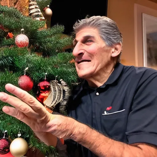 Image similar to Happy Joe Manchin playing with coal in front of a Christmas tree