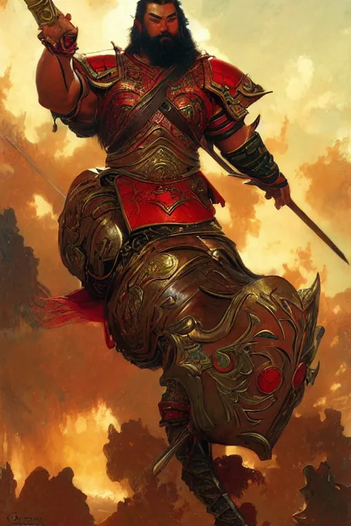 Image similar to attractive beefy male with armor, guan yu, character design, colorful paint, sweat, painting by gaston bussiere, craig mullins, j. c. leyendecker