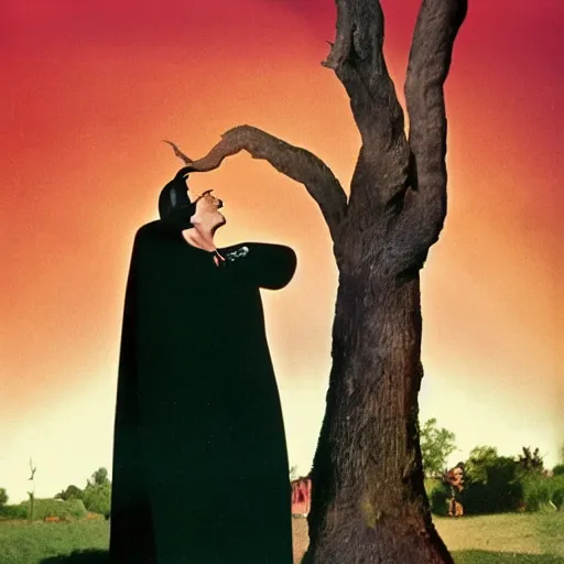 Image similar to 1 9 3 9 technicolor movie still of vampire under a big tree in the sunset, biting scarlet o'hara's neck as she swoons. he is wearing a black cape with a high collar and he is pale.