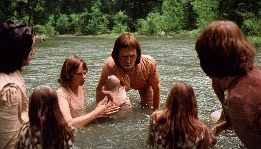 Image similar to 7 0 s film still from a horror movie about a baptism in a river, kodachrome, cinecolor, cinestill, film grain, film texture, retro, cinematic, high resolution, photorealism,