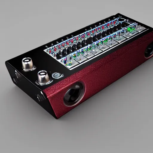 Image similar to sp - 4 0 4 audio mixer made of chrome with crimson - black anodized - metal highlights, rendered in blender, 8 k, award winning product advertising still