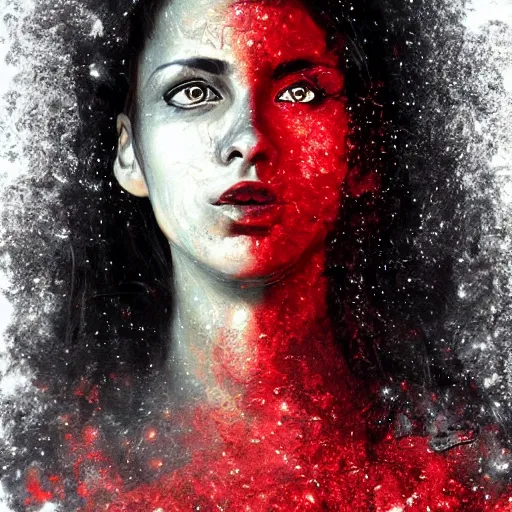 Image similar to epic dynamic portrait of an aesthetic beautiful realistic black haired woman protesting, 3 0 years old woman, mid long hair, black eyed, red peace and love symbol on the cheek, digital painting by john howe, atmospheric red effects, sparkles, artstation, deviantart, large view, motion blur, black background