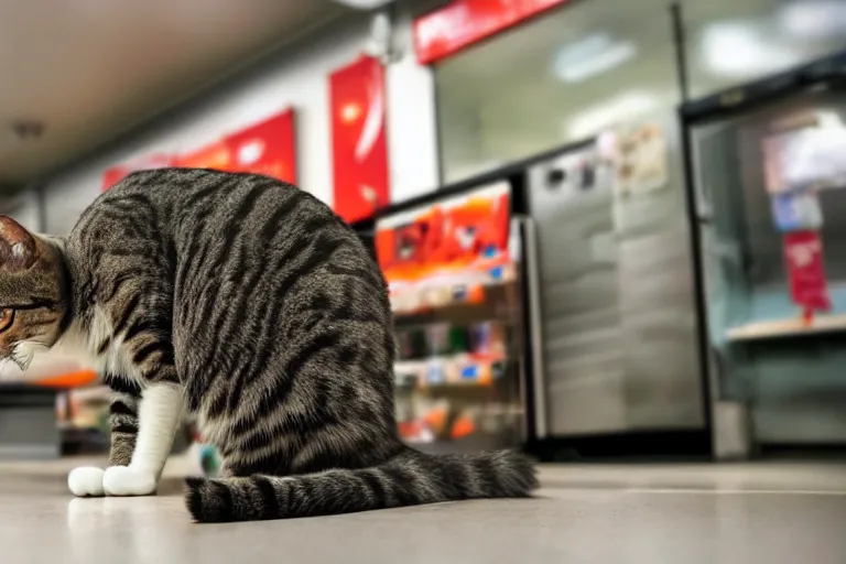 Image similar to cat smoking a cigarette in 7 - eleven wide angle lens