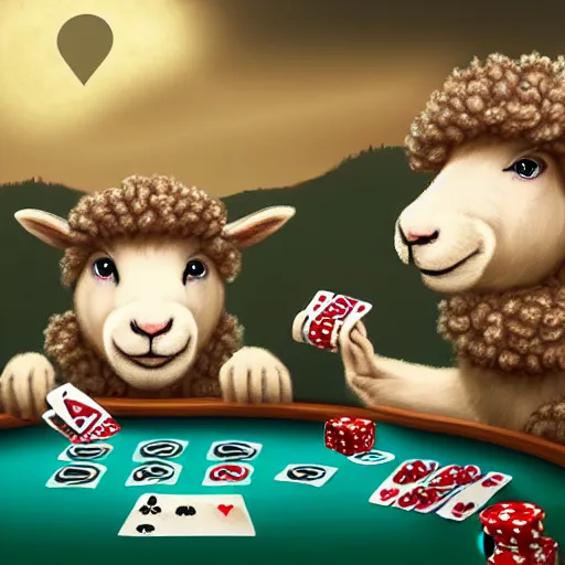 Prompt: Two sheeps playing poker digital art Trending on Artstation