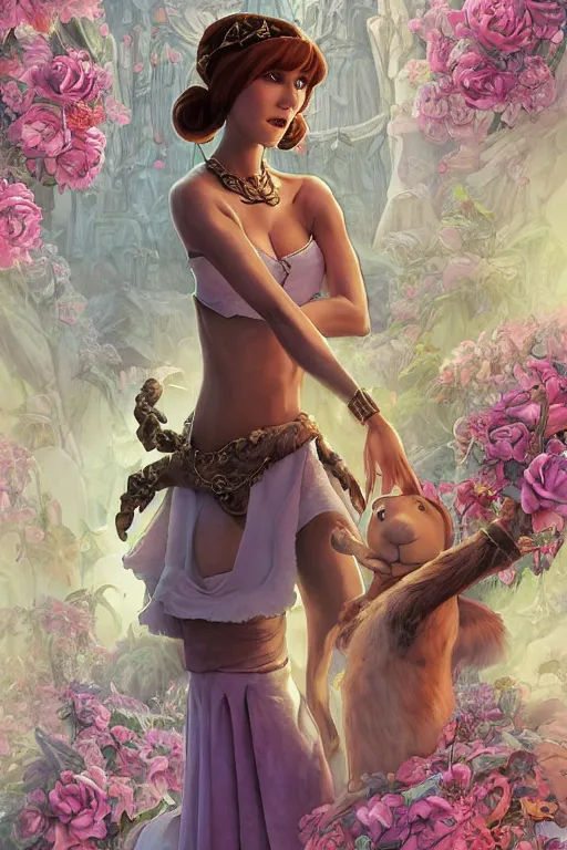 Prompt: scooby doo dressed as slave princess leia, ornate, beautiful, atmosphere, vibe, flowers, concept art illustration, color page, 4 k, tone mapping, doll, akihiko yoshida, james jean, andrei riabovitchev, marc simonetti, yoshitaka amano, digital illustration, greg rutowski, volumetric lighting, sunbeams, particles