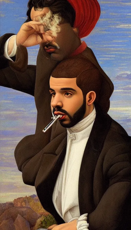 Prompt: drake wearing a formal suit and smoking by botticelli, brown skin, classical painting, digital painting, romantic, vivid color, oil painting