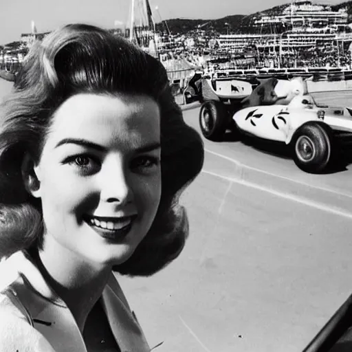 Image similar to selfie smartphone photo of a young Grace Kelly at the Monaco Gran Prix, F1 cars blurred in background, iphone photo, smartphone resolution, trending on instagram, influencer photography