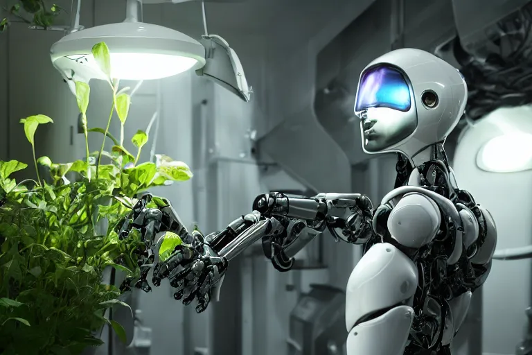 Image similar to photograph of an androgynoid robot taking care of plants on an inter - galactic spaceship, 8 k, beautiful lighting, shallow depth of field, ultra realistic, hyper - detailed, sci - fi movie style, coherent composition,