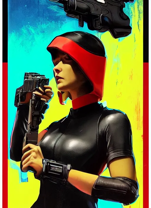 Image similar to beautiful cyberpunk female athlete wearing black jumpsuit and red jacket while firing a futuristic yellow belt fed automatic pistol. ad poster for pistol. cyberpunk poster by james gurney, azamat khairov, and alphonso mucha. artstationhq. gorgeous face. painting with vivid color, cell shading. ( rb 6 s, cyberpunk 2 0 7 7 )