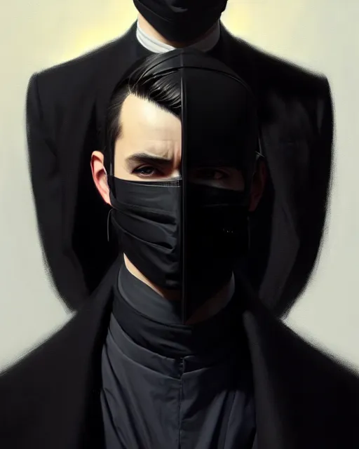 Image similar to a ultradetailed beautiful panting of a european young man wearing black medical mask and black long coat, by ilya kuvshinov, greg rutkowski and makoto shinkai, trending on artstation