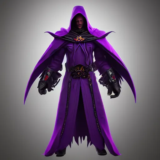 Image similar to warlock long hood cloak purple, fighting dark evil monster from hell in magic world, 8 k, trending on artstation by tooth wu