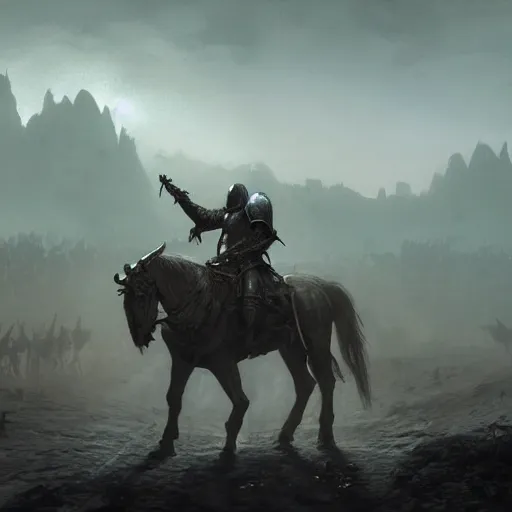 Image similar to A single knight standing against an army of orcs in the desert, HD, ultra detail, matte, fantasy, famous illustration, masterpiece, dark atmosphere, war, good value control, intricate, cinematic, concept art, art by Leesha Hannigan and Greg Rutkowski, 8K, foggy,