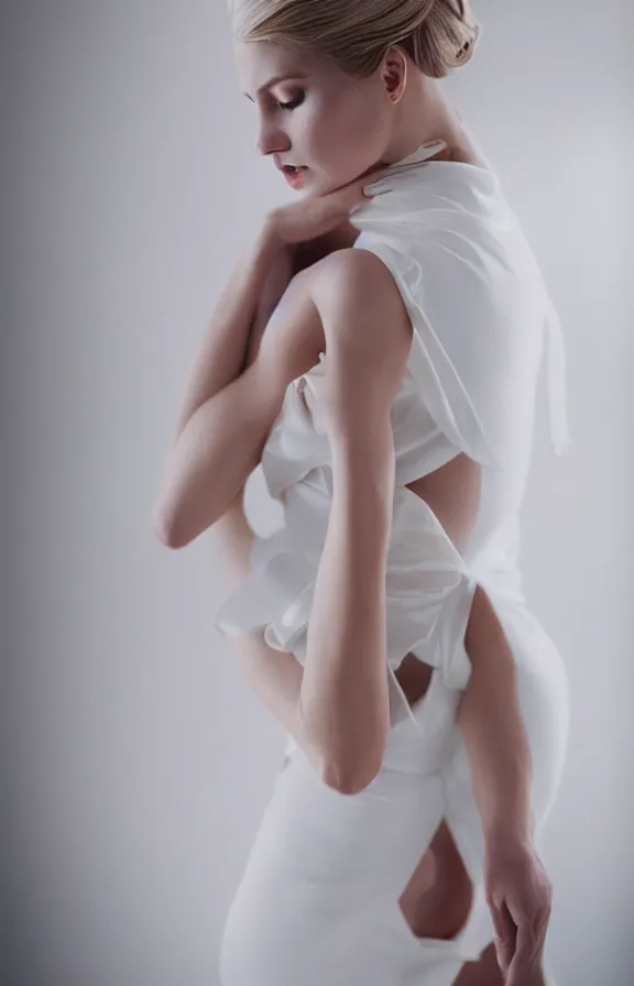 Image similar to photo of gorgeous seductive tall emily skinner cosplaying annie leonhart wearing elegant white dress, wearing open toe heels, in a white room, beautiful face, pale skin, rule of thirds, cinematic lighting, sharp focus, backlit, stunning, smooth, hard focus, full body shot, studio photo, shot on sony a 7 iii