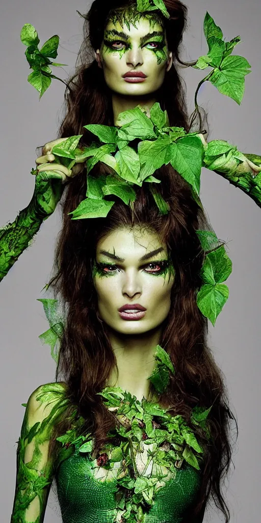 Image similar to “A beautiful portrait of Ophelie Guillermand as Poison Ivy from Batman as a Versace fashion model Spring/Summer 2012, highly detailed, in the style of cinematic, Getty images, Milan fashion week backstage, Makeup by Pat McGrath, Greg rutkowski”