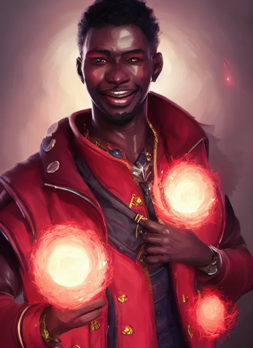 Image similar to a highly detailed illustration of attractive top cut haired african guy wearing red jacket, flaming glowing eyes, dramatic smile pose, intricate, elegant, highly detailed, centered, digital painting, artstation, concept art, smooth, sharp focus, league of legends concept art, wlop