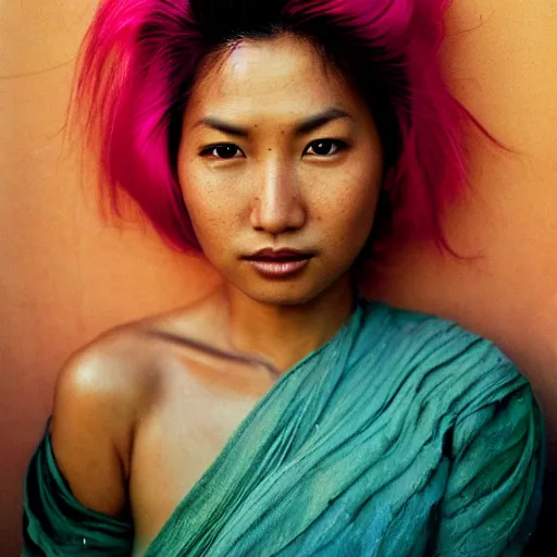 Image similar to a beautiful asian woman with pink hair and tan skin, portrait photograph, nikon 3 5 mm, photograph by annie leibovitz and steve mccurry,