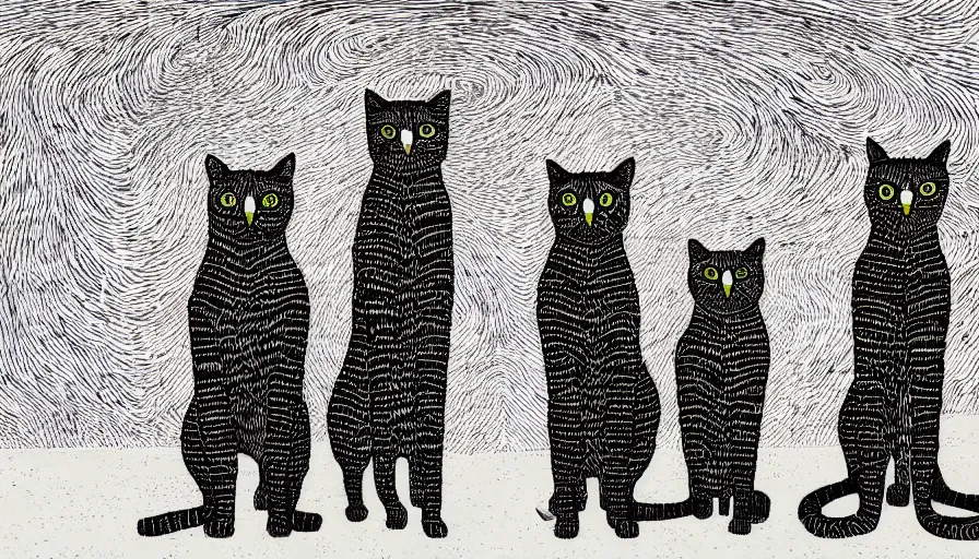 Prompt: artwork of really tall sitting cats by stanley donwood, thick brush, 4 k resolution