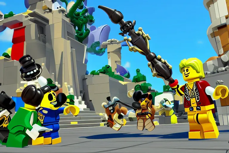 Image similar to lego kingdom hearts, game screenshot, high detail