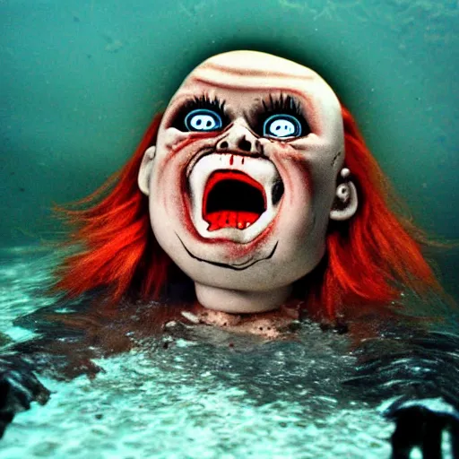 Image similar to screaming chucky doll rising from the dark depths of ocean