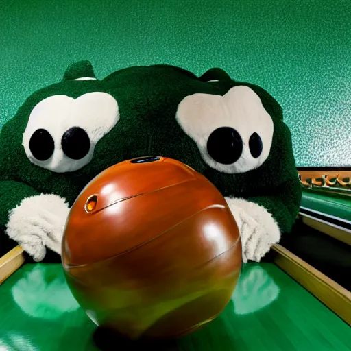 Prompt: cinematic photo of a giant taxidermized furry green crab in a bowling alley