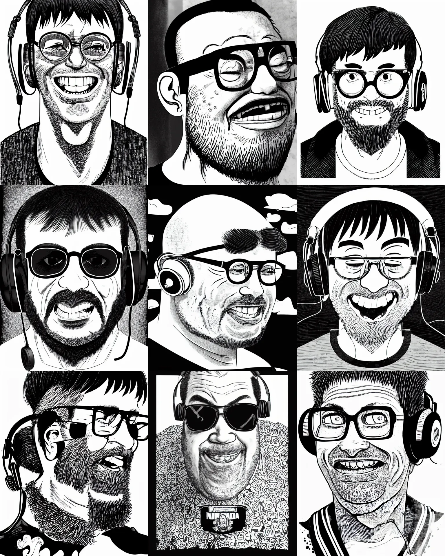 Prompt: highly detailed ink illustration of a buff smiling man with long stubble, square glasses and black bowl cut, wearing a black tshirt and onear headphones, neo - dada b & w clean shaped illustration by kim jung gi and eiichiro oda