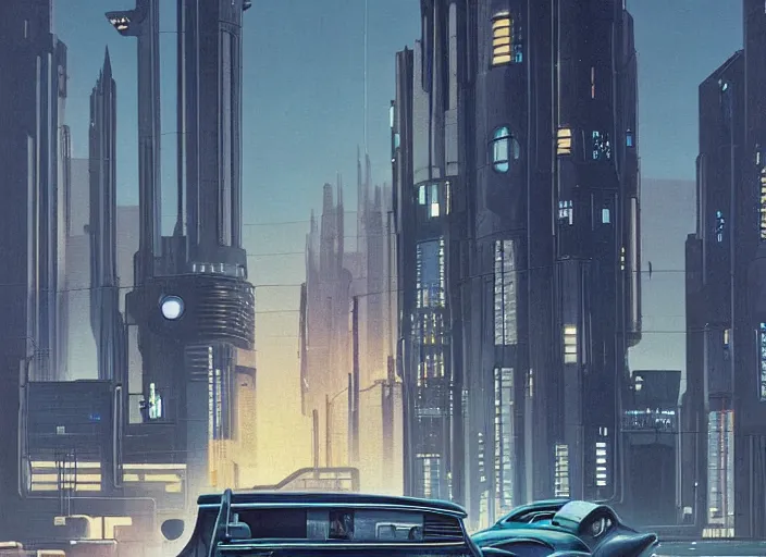 Image similar to a car driving down a street next to building the night, cyberpunk art by Chesley Bonestell, cgsociety, retrofuturism, matte painting, reimagined by industrial light and magic