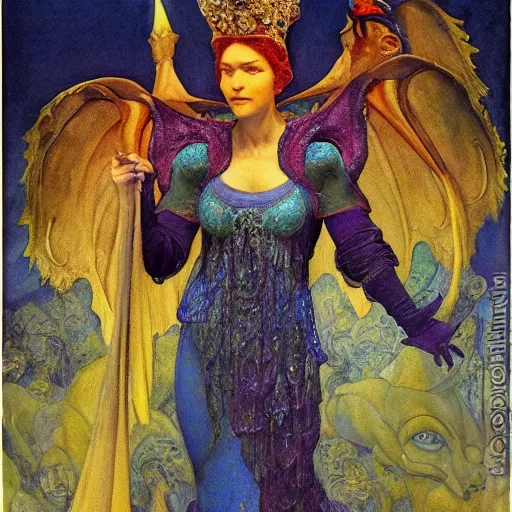 Image similar to the queen of the underworld in full regalia, by Annie Swynnerton and Diego Rivera and Tino Rodriguez and Maxfield Parrish and Nicholas Roerich, elaborately costumed, rich color, dramatic cinematic lighting, extremely detailed