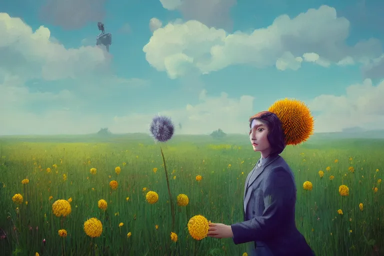 Image similar to portrait, giant thistle flower under head, a girl in a suit in field of flowers, surreal photography, sunrise, blue sky, dramatic light, impressionist painting, digital painting, artstation, simon stalenhag