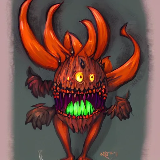 Prompt: A fierce plant monster with orange eyes and a vicious smile, trending on art station