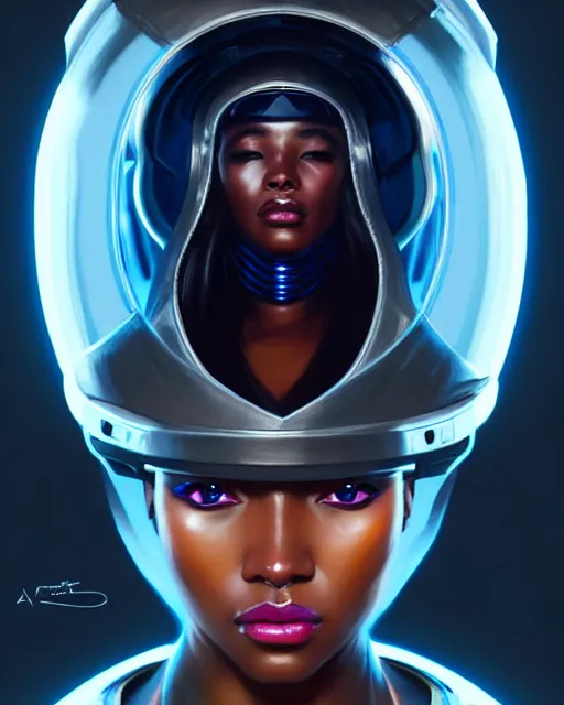 Image similar to Portrait of very very very very very very beautiful black woman, spacesuit, futuristic cybernetic helmet, blue eyes, real life skin, intricate, elegant, highly detailed, artstation, concept art, smooth, sharp focus, art by artgerm and greg rutkowski and alphonse mucha