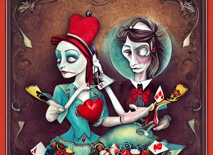 Prompt: alice joins a game of croquet with the queen of hearts, dramatic, art style megan duncanson and benjamin lacombe, super details, dark dull colors, ornate background, mysterious, eerie, sinister