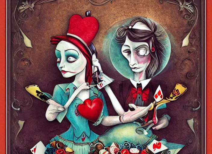 Image similar to alice joins a game of croquet with the queen of hearts, dramatic, art style megan duncanson and benjamin lacombe, super details, dark dull colors, ornate background, mysterious, eerie, sinister