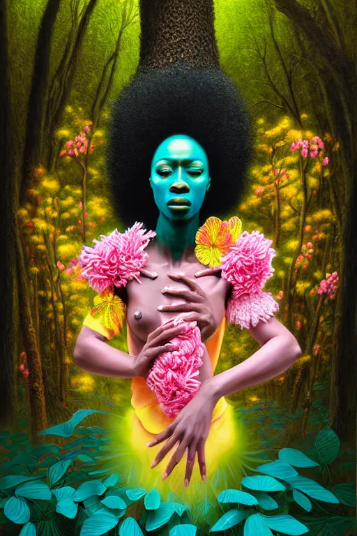 Image similar to hyperrealistic illustration neo - rococo cinematic super expressive! yoruba goddess with exoskeleton armor, merging with tree in a forest, pink yellow flowers, highly detailed digital art masterpiece, smooth etienne sandorfi eric zener dramatic pearlescent soft teal light, ground angle hd 8 k, sharp focus