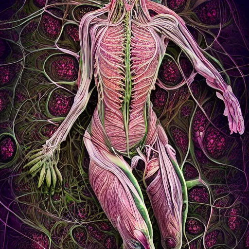 Image similar to a beautiful detailed photo of a rotten woman corpse morphing into fractal plants and fractal flowers and mushrooms, muscles, veins, anatomical, intricate, ornate, volumetric light, beautiful lit, romero ressendi