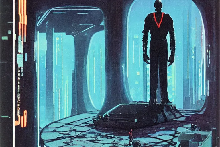 Image similar to 1979 OMNI Magazine Cover depicting a tall creepy man standing in a lair. Cyberpunk Akira style by Vincent Di Fate