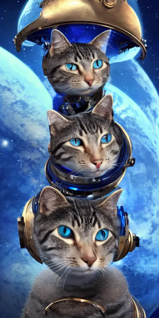 Prompt: A cat with beautiful blue eyes flying in a steampunk space suit over the Saturn planet, digital illustration, concept art, 8k, trending on artstation, highly detailed