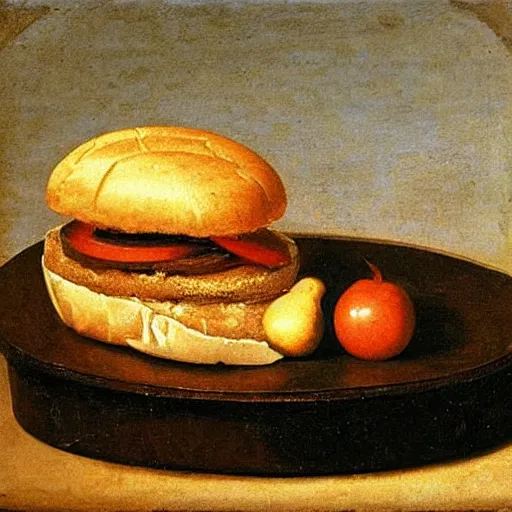 Prompt: hamburger in still life. dutch masters, 1 8 th century. oil on canvas