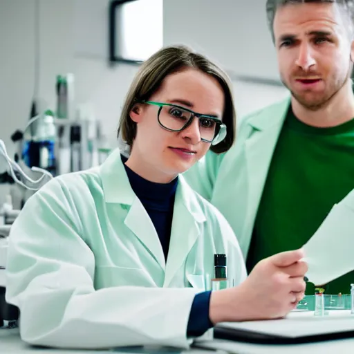 Prompt: two scientists wearing green lab coats studying in a laboratory, 4k, photorealistic