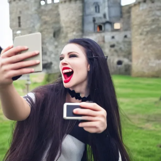 Prompt: a vampire taking a selfie in a castle