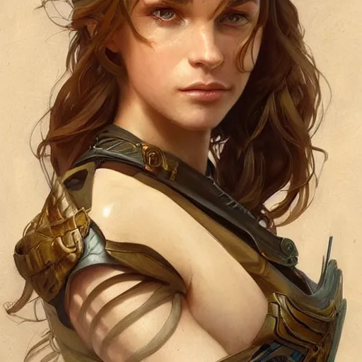 Image similar to portrait of a beautiful female ranger, upper body, D&D, fantasy, intricate, elegant, highly detailed, digital painting, artstation, concept art, smooth, sharp focus, illustration, art by artgerm and greg rutkowski and alphonse mucha