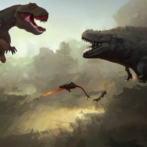 Prompt: t - rex chasing a small rat in team fortress 2 style, detailed painting, intricate, fantasy, by jakub rozalski and artgerm