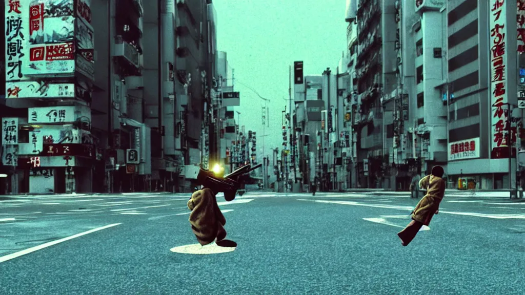 Image similar to a strange creature floating alone on an empty street in downtown Tokyo with a gun, film still from the an anime directed by Katsuhiro Otomo with art direction by Salvador Dalí, wide lens