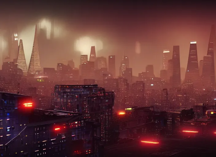 Image similar to cyberpunk scifi scene of san francisco skyline at night, artstation, matt painting, very detailed, maximalism, ambient occlusion, volumetric light, atmospheric haze, unreal engine, hyper realism, realistic shading, cinematic composition, realistic render, octane render, detailed textures, photorealistic, wide shot