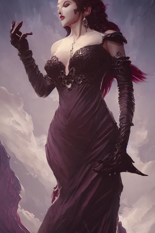 Image similar to beautiful vampire female queen, full body shot, ascending form the sky, hands reaching for her, d & d, fantasy, intricate, elegant, highly detailed, digital painting, artstation, concept art, matte, sharp focus, illustration, hearthstone, art by artgerm and greg rutkowski and alphonse mucha