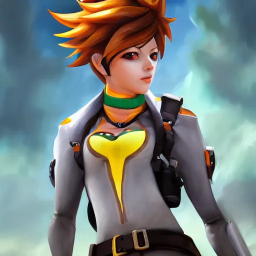 Image similar to oil painting of tracer overwatch in a field wearing large leather belt choker collar around neck, in style of mark arian, expressive face, detailed face, detailed eyes, full body, feminine face, tracer overwatch,